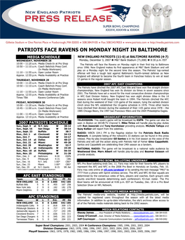Patriots Face Ravens on Monday Night in Baltimore