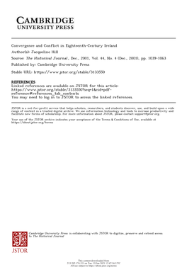 Convergence and Conflict in Eighteenth-Century Ireland Author(S): Jacqueline Hill Source: the Historical Journal , Dec., 2001, Vol