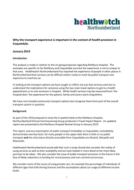 Why the Transport Experience Is Important in the Context of Health Provision in Coquetdale. January 2019