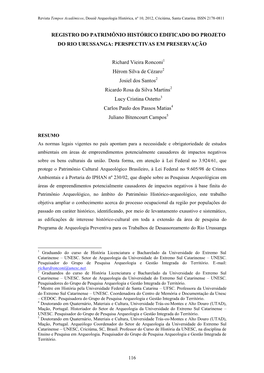 Registro Do Patrimônio Histórico Edificado Do Projeto Do Rio Urussanga: Perspectivas Em Preservação