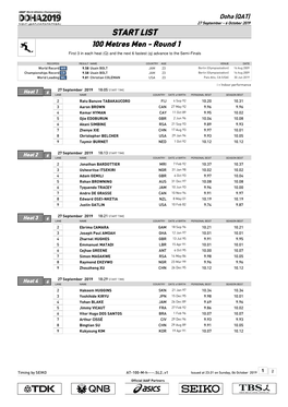 START LIST 100 Metres Men - Round 1