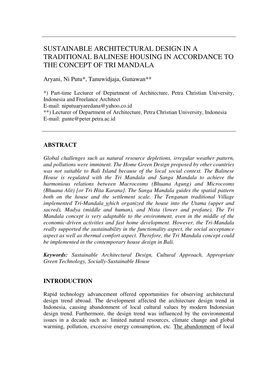 Sustainable Architectural Design in a Traditional Balinese Housing in Accordance to the Concept of Tri Mandala