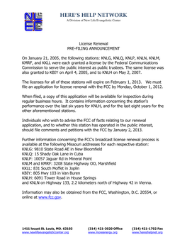 FCC 303 License Renewal Pre-Filing Announcement February 1St, 2013