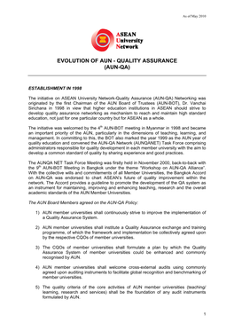 ASEAN University Network-Quality Assurance (AUN-QA) Networking Was Originated by the First Chairman of the AUN Board of Trustees (AUN-BOT), Dr