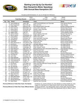 Starting Line-Up by Car Number New Hampshire Motor Speedway 24Th Annual New Hampshire 301