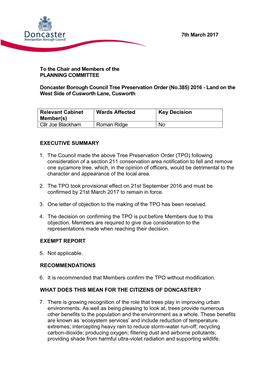 Doncaster Borough Council Tree Preservation Order (No.385) 2016 - Land on the West Side of Cusworth Lane, Cusworth