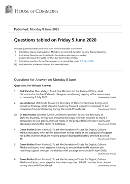 Questions Tabled on Fri 5 Jun 2020