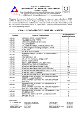 Final List of Approved Camp Application