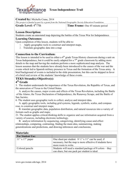 Texas Independence Trail Grade Level: 4 /7Th Lesson Description: Learning Outcomes: Connection to the Curriculum: TEKS Strand(