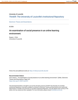 An Examination of Social Presence in an Online Learning Environment