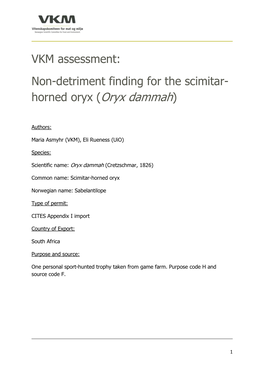 VKM Assessment: Non-Detriment Finding for the Scimitar- Horned Oryx ( )