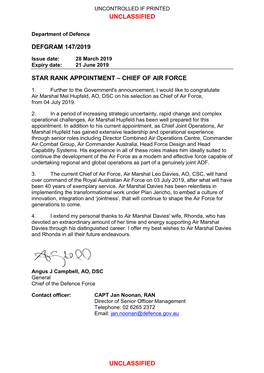 Defgram 147/2019 Star Rank Appointment – Chief of Air Force