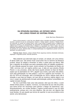 Da Ditadura Nacional Ao Estado Novo: Um Longo Penar Do Sistema Penal