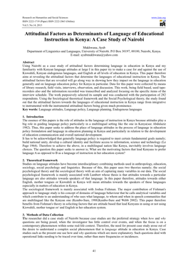 Attitudinal Factors As Determinants of Language of Educational Instruction in Kenya: a Case Study of Nairobi