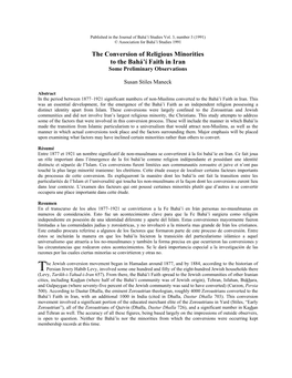 The Conversion of Religious Minorities to the Bahá’Í Faith in Iran Some Preliminary Observations