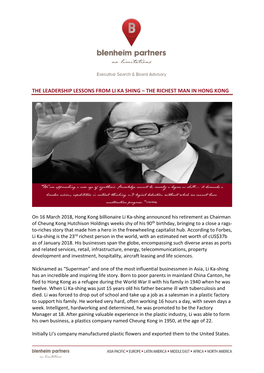 The Leadership Lessons from Li Ka Shing – the Richest Man in Hong Kong