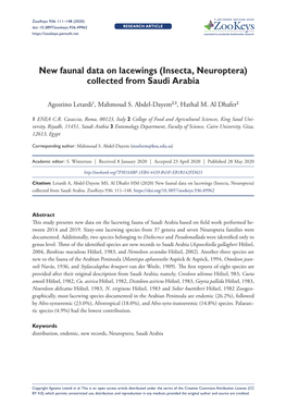 New Faunal Data on Lacewings (Insecta, Neuroptera) Collected from Saudi Arabia