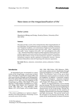 Protistology New Views on the Megaclassification of Life*