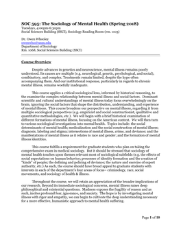 The Sociology of Mental Health (Spring 2018) Tuesdays, 4:00Pm-6:30Pm Social Sciences Building (SSCI), Sociology Reading Room (Rm