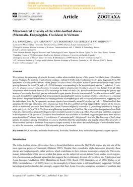 Mitochondrial Diversity of the White-Toothed Shrews (Mammalia, Eulipotyphla, Crocidura) in Vietnam