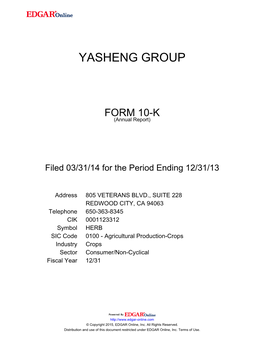 Yasheng Group Form 10-K