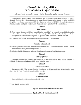 Obecně Závazná Vyhláška Středočeského Kraje Č. 5/2006 O Závazné Části Územního Plánu Velkého Územního Celku Okresu Benešov