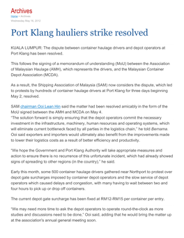 Port Klang Hauliers Strike Resolved