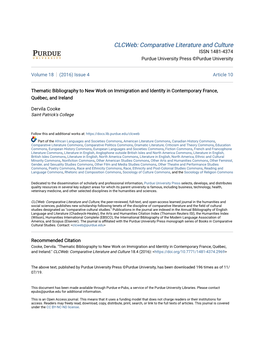 Thematic Bibliography to New Work on Immigration and Identity in Contemporary France, Québec, and Ireland