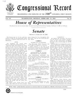 Congressional Record United States Th of America PROCEEDINGS and DEBATES of the 108 CONGRESS, FIRST SESSION