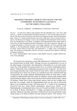 Progress Towards a Robust Phylogeny for the Liverworts, with Particular Focus on the Simple Thalloids