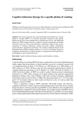 Cognitive Behaviour Therapy for a Specific Phobia of Vomiting