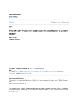 Innovation by Translation: Yiddish and Hasidic Hebrew in Literary History