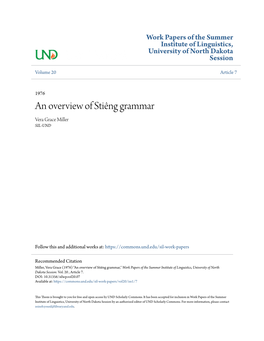 An Overview of Stiêng Grammar Vera Grace Miller SIL-UND