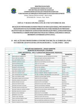 Luzilândia E Uruçuí, Referente Ao Período Letivo 2018.2