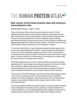 New Version of the Human Proteins Atlas with Extensive Transcriptomics Data