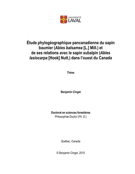 (Abies Balsamea [L.] Mill.) Et De Ses Relations Avec Le Sapin Subalpin (Abies Lasiocarpa [Hook] Nutt.) Dans L’Ouest Du Canada