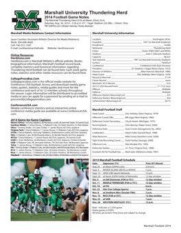 Marshall University Thundering Herd 2014 Football Game Notes the Marshall Thundering Herd (0-0) at Miami (Ohio) (0-0) Saturday, Aug