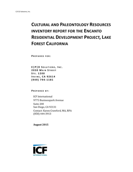 Cultural and Paleontology Resources Inventory Report for the Encanto Residential Development Project, Lake Forest California