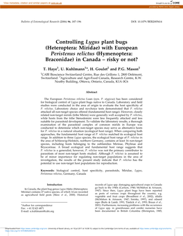 (Heteroptera: Miridae) with European Peristenus Relictus (Hymenoptera: Braconidae) in Canada – Risky Or Not?