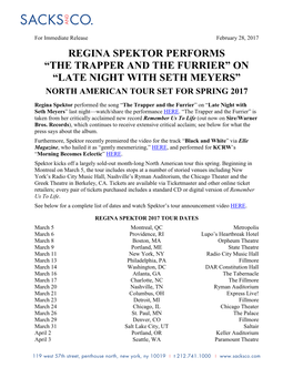 Regina Spektor Performs “The Trapper and the Furrier” on “Late Night with Seth Meyers” North American Tour Set for Spring 2017