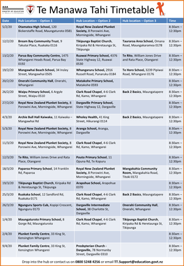 Te Manawa Tahi Timetable