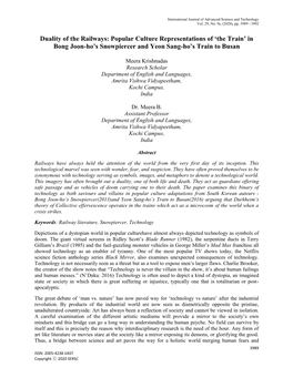 Duality of the Railways: Popular Culture Representations of 'The Train' in Bong Joon-Ho's Snowpiercer and Yeon Sang-Ho's