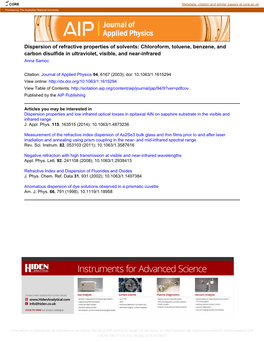 Dispersion of Refractive Properties of Solvents: Chloroform, Toluene, Benzene, and Carbon Disulfide in Ultraviolet, Visible, and Near-Infrared Anna Samoc