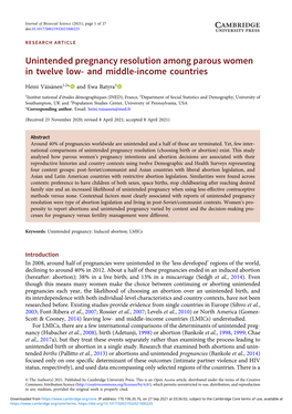 Unintended Pregnancy Resolution Among Parous Women in Twelve Low- and Middle-Income Countries