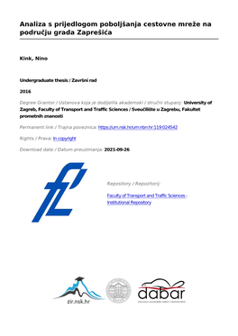Analiza S Prijedlogom Poboljšanja Cestovne Mreže Na Području Grada Zaprešića