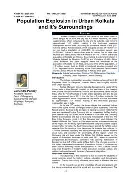Population Explosion in Urban Kolkata and It's Surroundings Abstract Kolkata Formerly Culcutta Is the Capital of the Indian State of West Bengal