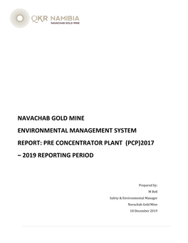 Navachab Gold Mine Environmental Management System Report: Pre Concentrator Plant (Pcp)2017 – 2019 Reporting Period