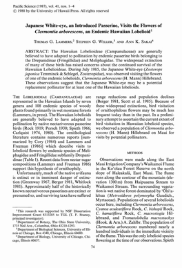 Japanese White-Eye, an Introduced Passerine, Visits the Flowers of Clermontia Arhorescens, an Endemic Hawaiian Lobelioid1