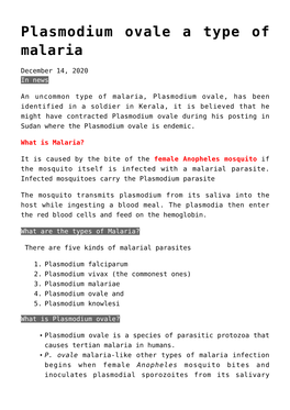 Plasmodium Ovale a Type of Malaria