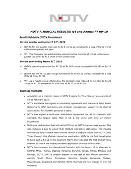 NDTV FINANCIAL RESULTS: Q4 and Annual FY 09-10